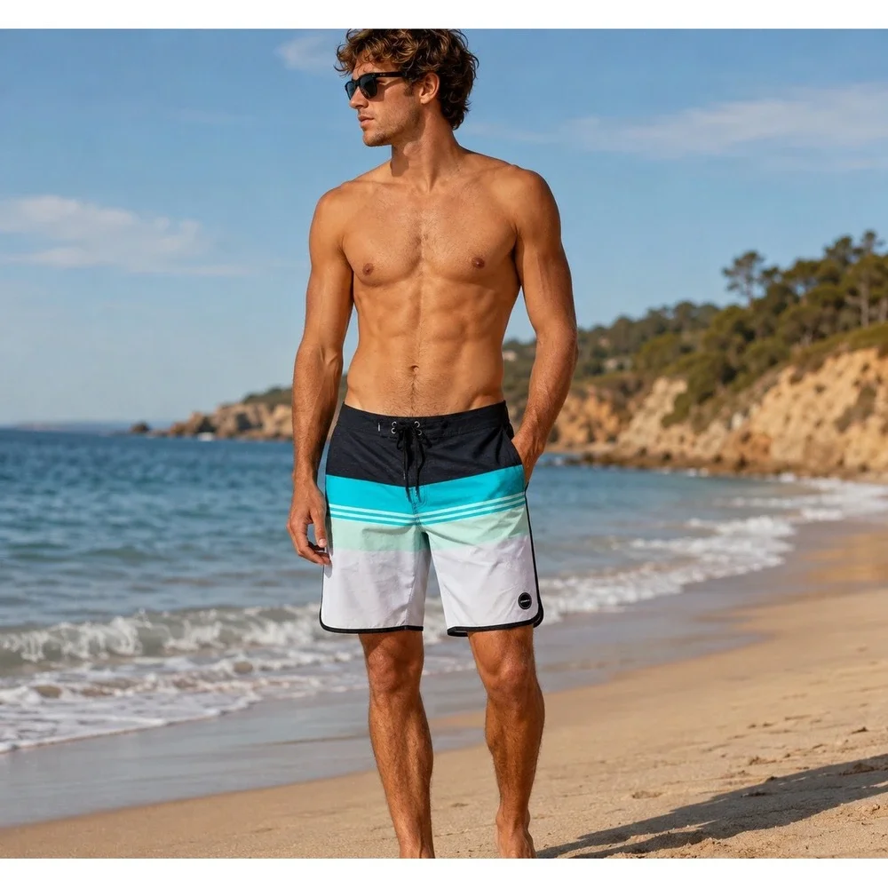 ONeill Mens Board Shorts 36 Black Teal White Colorblock Striped Swim Trunks 9in